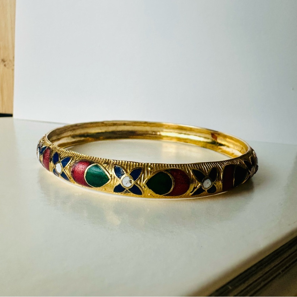Vintage Cloisonné Gold-Tone Patterned Bangle - Picture 4 of 5